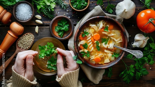 Bowl of hearty chicken soup on a wooden table, surrounded by fresh ingredients and herbs, soothing meal on a chilly day