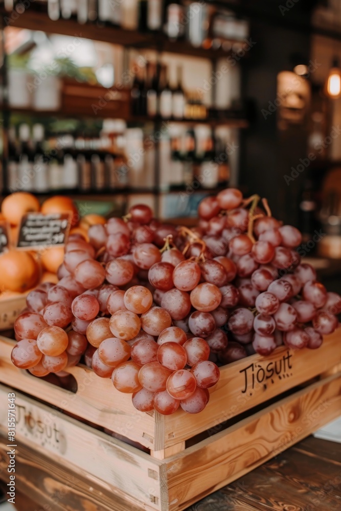 Vibrant grapes in wooden crates cozy warehouse setting for rustic food advertisement Vibrant grapes in wooden crates cozy warehouse setting for rustic food advertisement