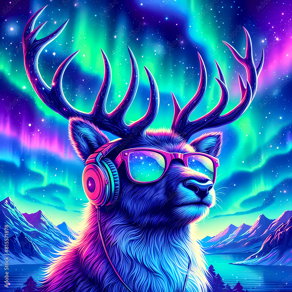 Digital art vibrant colorful reindeer wearing headphones listening to music