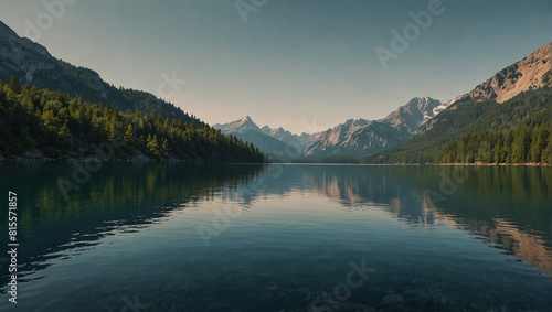 The image is of a beautiful mountain lake at sunset. The sky is a deep orange and the sun is setting behind the mountains. The lake is calm and still  and the trees are reflected in the water.  