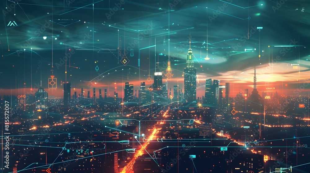 Fototapeta premium Futuristic Cityscape A Digital Painting of a Network of Interconnected Renewable Energy Grids