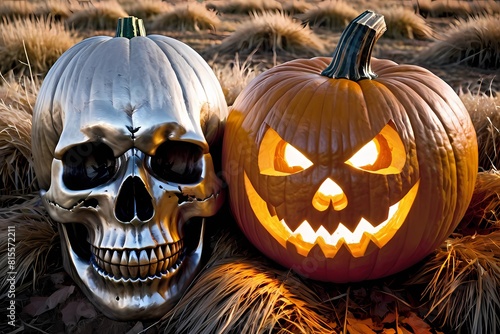 Jack o lantern pumpkin with metal skull, Happy Halloween