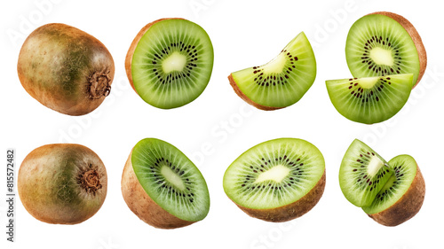 "Kiwi Fruit in Full, Sliced, and Halved Forms Isolated on White