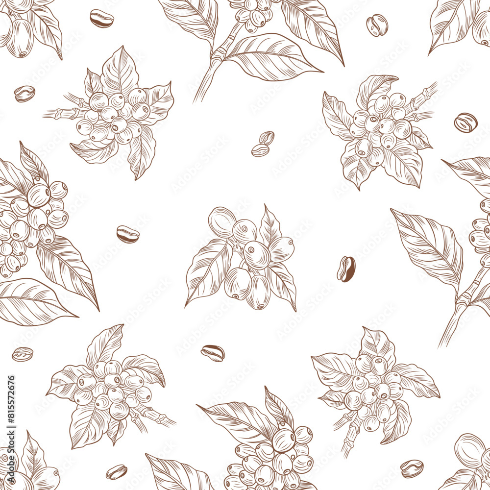 Vector seamless pattern with coffee plants and coffee beans. Seamless design. Coffee brown great ornament Vector seamless pattern with coffee plants and coffee beans. Seamless design. Coffee brown great ornament