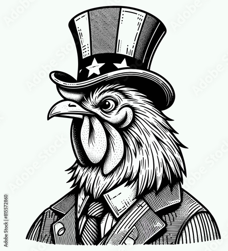 Chicken 4th July Line Art Celebration USA (United State) Art Cute Cartoon For Independence Day Animal Patriotic with American Flag Memorial Day Clip Art