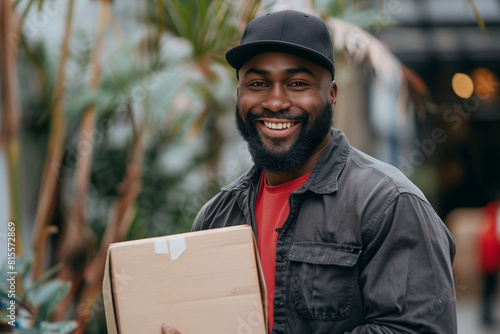 A smiling young  black american delivery man with a cap holding and carrying a cardboard box