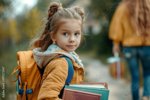 Smiling little blonde kid girl holding books in hand and back pack in back, children portrait. Childhood lifestyle concept. Mock up copy space. Generative ai