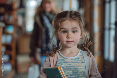 Smiling little blonde kid girl holding books in hand children portrait. Childhood lifestyle concept. Mock up copy space. Generative ai