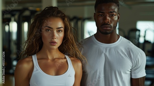 A woman and a man intensely focused while training together in a modern gym environment