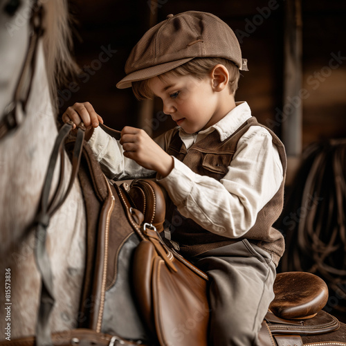 A young boy is sitting on a brown horse in a barn. He is wearing a brown cap, a white shirt, and brown pants. The boy is holding the reins in his hands.