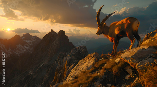 Mountain goat or ibex on the forelimb Ibex climbing Background of high mountains and mountains.