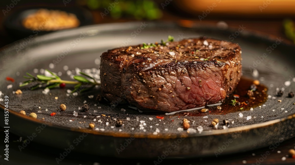 Close-up view of a premium pig steak on a decorated plate, focus on the rich, appetizing texture, perfect for ads, isolated backdrop Close-up view of a premium pig steak on a decorated plate, focus on the rich, appetizing texture, perfect for ads, isolated backdrop