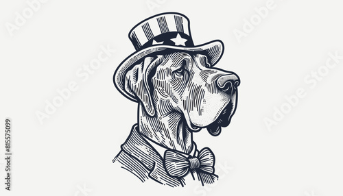 Great Dane Dog 4th July Line Art Animal Patriotic with American Flag Memorial Day Clip Art Celebration USA (United State) Art Cute Cartoon For Independence Day