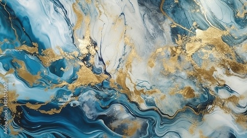 luxury marble background. Digital art marbling texture. Blue, gold