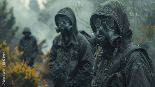 A group of people wearing hoodies and gas masks during a nuclear disaster virus. AI generated image photo