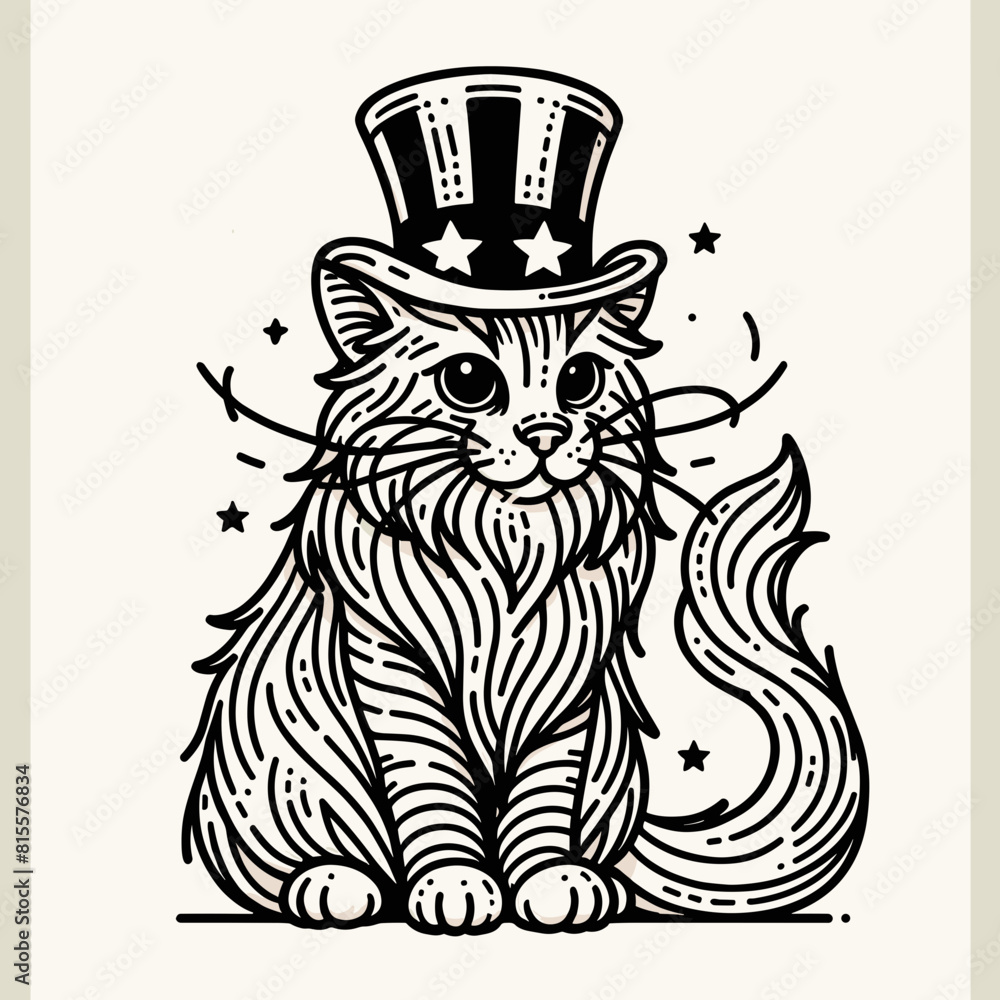 Norwegian Forest Cat Cat 4th July Line Art Animal Patriotic with American Flag Celebration USA (United State) Art Cute Cartoon For Independence Day Memorial Day Clip Art