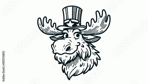 Moose 4th July Line Art Memorial Day Clip Art Celebration USA (United State) Art Cute Cartoon For Independence Day Animal Patriotic with American Flag