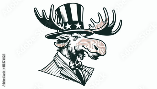 Moose 4th July Line Art Animal Patriotic with American Flag Celebration USA (United State) Art Cute Cartoon For Independence Day Memorial Day Clip Art