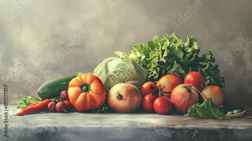 Still Life Painting of Fruits and Vegetables on a Table