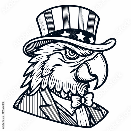 Parrot 4th July Line Art Animal Patriotic with American Flag Celebration USA (United State) Art Cute Cartoon For Independence Day Memorial Day Clip Art