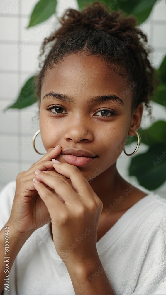 Happy young beautiful African American woman taking care of her facial skin. Happy young beautiful African American woman taking care of her facial skin.
