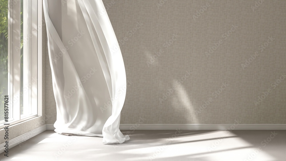 Empty beige wall room in sunlight from window, blowing white sheer, brown blackout curtain tree shadow on baseboard, carpet floor for luxury, minimal interior design decoration, product background 3D Empty beige wall room in sunlight from window, blowing white sheer, brown blackout curtain tree shadow on baseboard, carpet floor for luxury, minimal interior design decoration, product background 3D