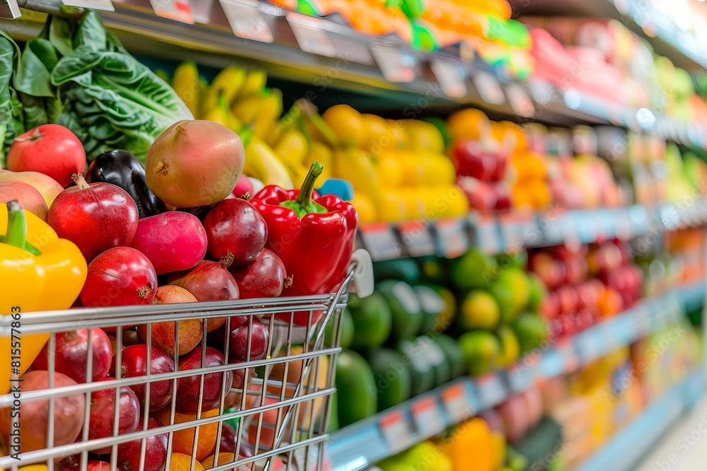 Shopping Cart Full of Fresh Produce in Supermarket