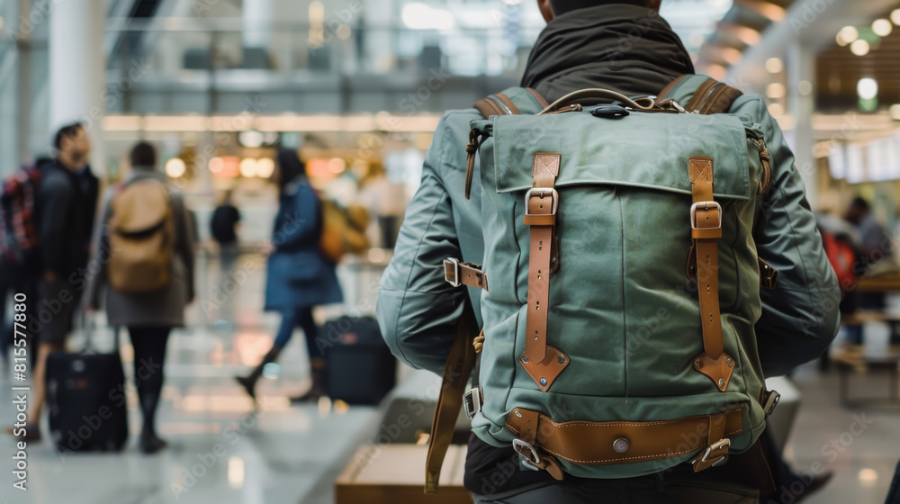 A man with a backpack wanders through the bustling airport terminal, banner, copy space A man with a backpack wanders through the bustling airport terminal, banner, copy space
