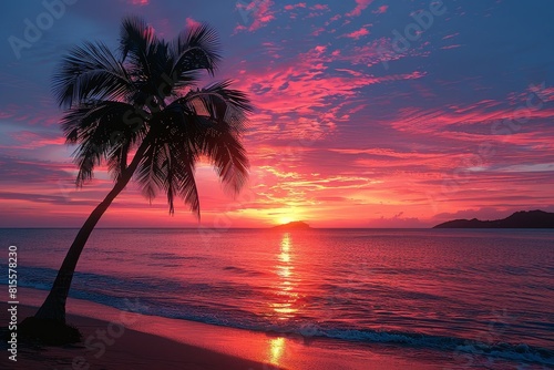 Palm Tree on Tropical Beach  Silhouetted against a colorful sunset backdrop.
