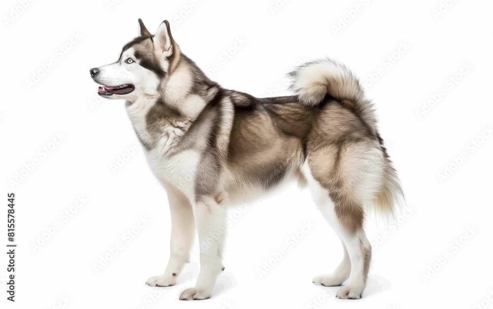An Alaskan Malamute stands in profile against a white background, showcasing its thick fur and proud stance. This image captures the breed's characteristic wolf-like features and robust build. An Alaskan Malamute stands in profile against a white background, showcasing its thick fur and proud stance. This image captures the breed's characteristic wolf-like features and robust build.