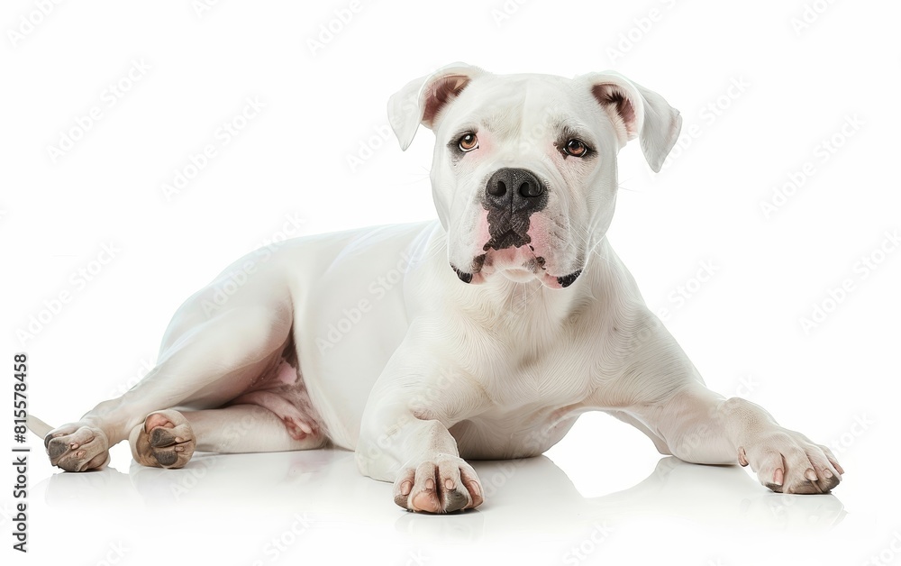 A serene white American Bulldog sits with poise, showcasing its muscular build and gentle demeanor. Its soft white coat provides a stark contrast to the stark white backdrop.