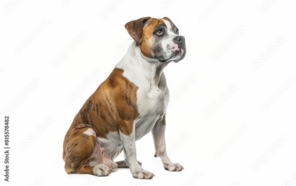 A regal American Bulldog sits with a dignified look, its brown and white coat perfectly groomed. This image captures the breed's robustness and gentle nature. A regal American Bulldog sits with a dignified look, its brown and white coat perfectly groomed. This image captures the breed's robustness and gentle nature.