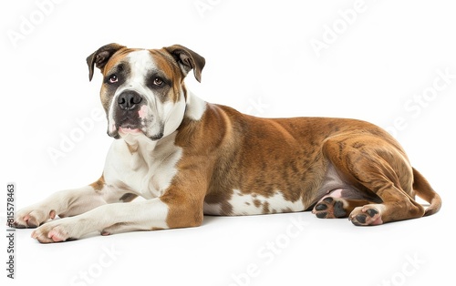 A muscular American Bulldog lies down  its gaze fixed forward with an expression of calm attentiveness. The dog s white and tan coat stands out vividly against the white background.