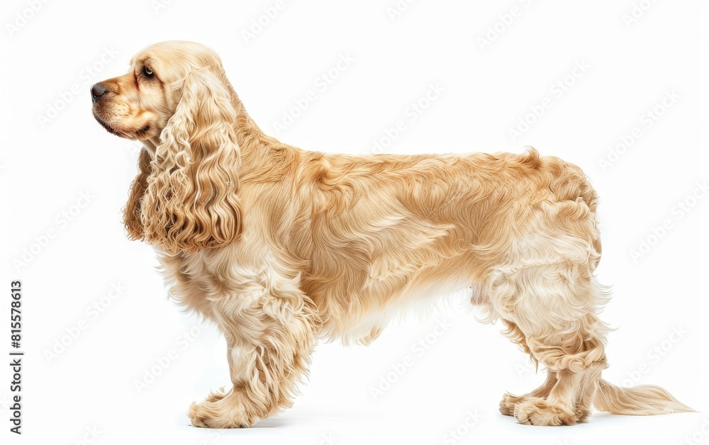 A poised American Cocker Spaniel stands in profile, showcasing its lush golden coat and refined silhouette. The breed's friendly disposition and beauty are on full display. A poised American Cocker Spaniel stands in profile, showcasing its lush golden coat and refined silhouette. The breed's friendly disposition and beauty are on full display.