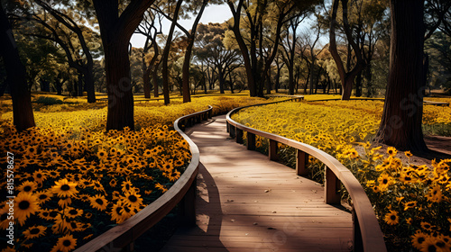 the river in the park, autumn in the park, view of the path decorated with yellow flowers, Early autumn color on a road in rural Baltimore County, Maryland