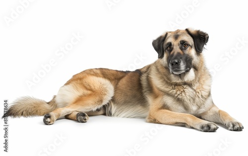 An Anatolian Shepherd Dog lies down  its intelligent gaze and powerful build conveying a serene strength. The dog s tan and black coat is both striking and lush.