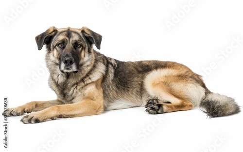An Anatolian Shepherd Dog lies down, its intelligent gaze and powerful build conveying a serene strength. The dog's tan and black coat is both striking and lush.