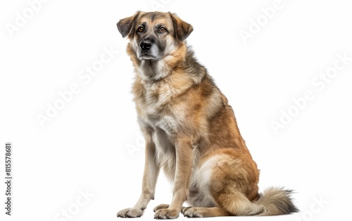 An Anatolian Shepherd Dog sits alert  its keen eyes and perked ears indicative of its vigilant nature. The tan coat with black markings adds to its noble appearance.