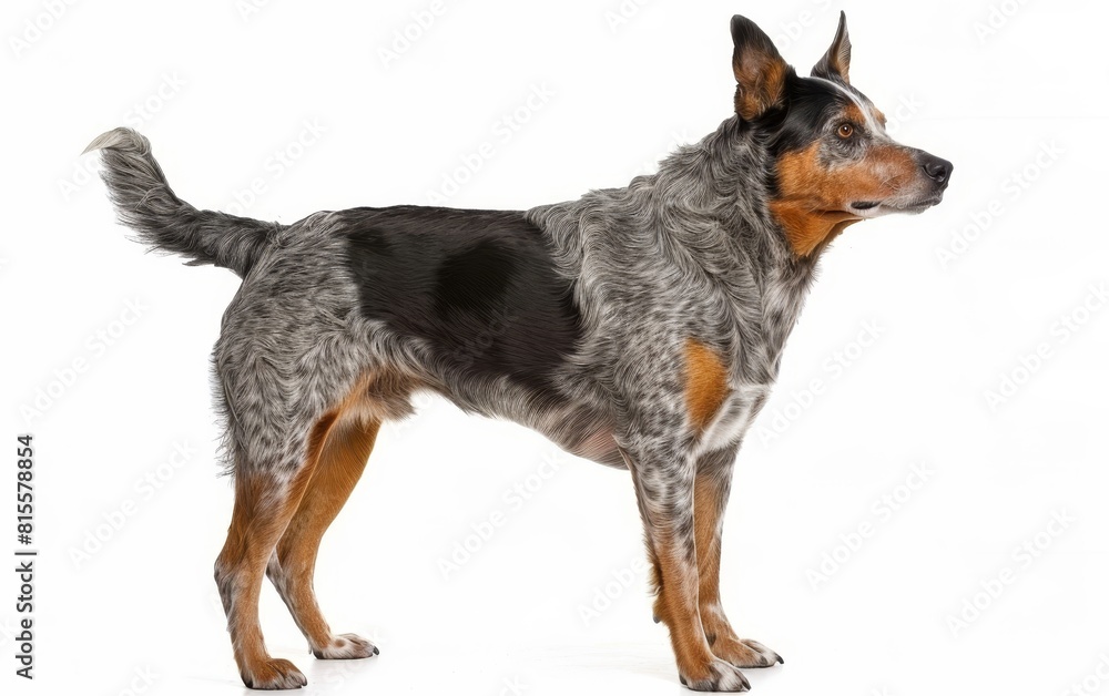 An Australian Cattle Dog stands in profile, ears perked and eyes vigilant. The photo captures the breed's muscular frame and distinctive coat pattern. An Australian Cattle Dog stands in profile, ears perked and eyes vigilant. The photo captures the breed's muscular frame and distinctive coat pattern.