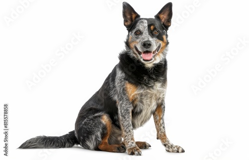 A cheerful Australian Cattle Dog sits attentively against a white background. Its alert eyes and perked ears showcase the breed s intelligence and energy.