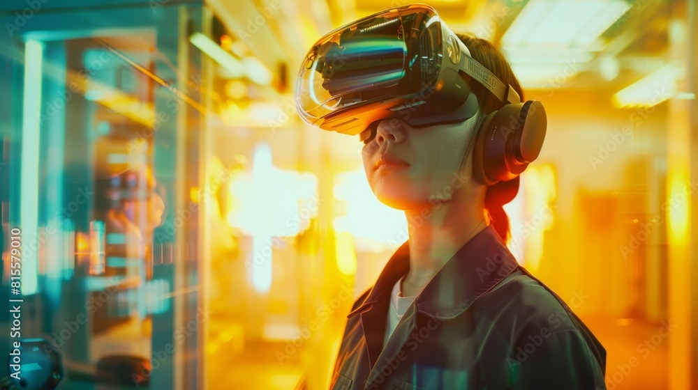 Obraz premium Female technician using advanced virtual reality headset in a tech lab