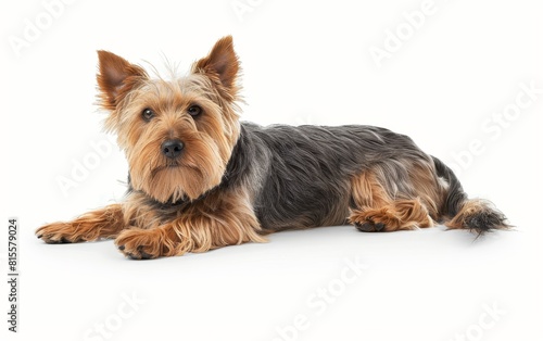 This Australian Silky Terrier relaxes on its side  showcasing its fine  glossy fur and alert yet calm demeanor. The dog s well-defined features stand out on the pristine background.