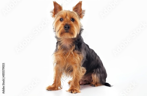 A Silky Terrier sits attentively, its compact body and sharp gaze embodying the breed's vivacious and curious nature. Its sleek black and tan coat gleams against the white background.