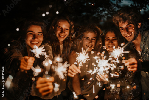 Five beautiful young people laugh while having fun together at night outdoors holding sparkling lights in their hands © luciano