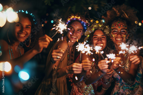 Four beautiful girls wearing makeup with glitter and colors laugh in fun while having fun together at night outdoors holding sparkling lights in their hands © luciano
