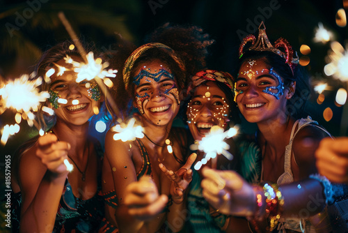 Four beautiful girls wearing makeup with glitter and colors laugh in fun while having fun together at night outdoors holding sparkling lights in their hands © luciano