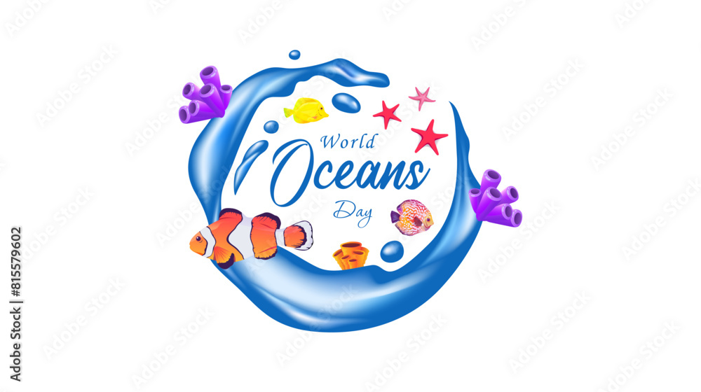 June. world oceans day celebration template design. ornaments of sea waves, coral reefs and fish. the concept of fostering public interest in marine protection and sustainable resource management June. world oceans day celebration template design. ornaments of sea waves, coral reefs and fish. the concept of fostering public interest in marine protection and sustainable resource management