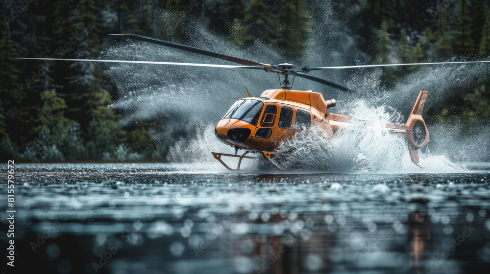 Fototapeta premium Helicopter crashing into a lake, water splashing dramatically as it submerges, light painting style