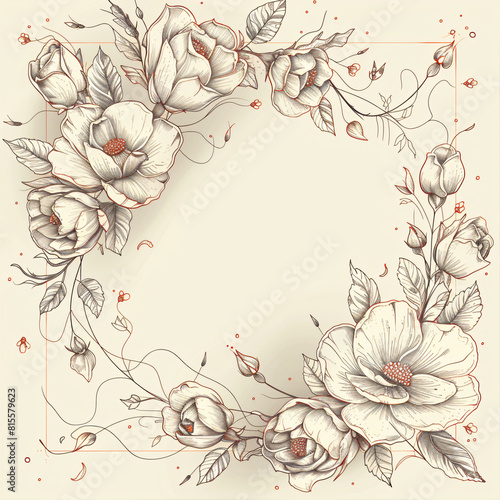 Elegant floral border design featuring detailed line art of flowers on a soft neutral background. Perfect for wedding invitations and greeting cards. Artistic and romantic style with ample copy space