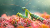 Discover the otherworldly charm of a praying mantis, its slender limbs poised with graceful precision as it awaits its next prey.